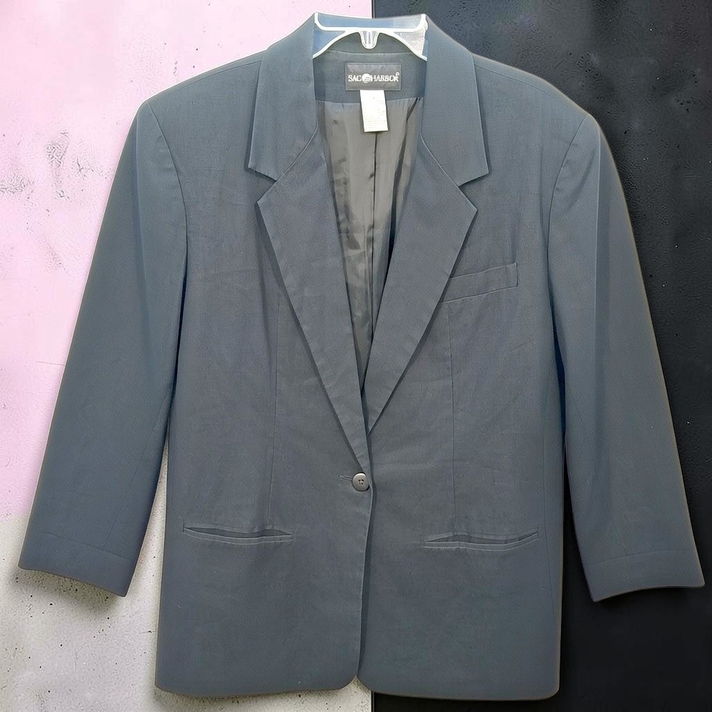 VTG Sag Harbor Sz L 14 Linen Cotton Blazer Jacket Black Single Button Shldr Pad